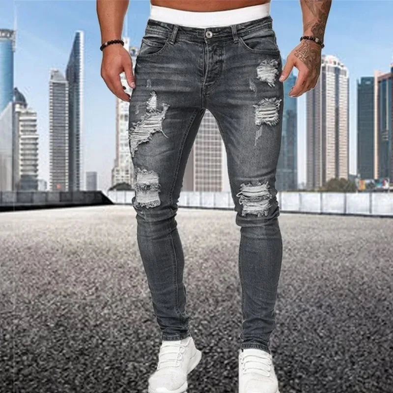 2024 New Ripped Skinny Jeans Men Vintage Wash Elastic Biker Holes Denim Pants Casual Slim Joggers Trousers Distressed Streetwear