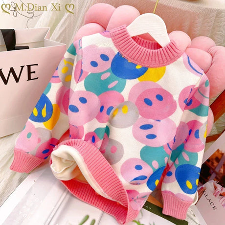 2023 Flower Knit Sweaters Autumn Winter Children's Kids Baby Girls Clothes Thicken Pullover Kids Long Sleeve Sweater