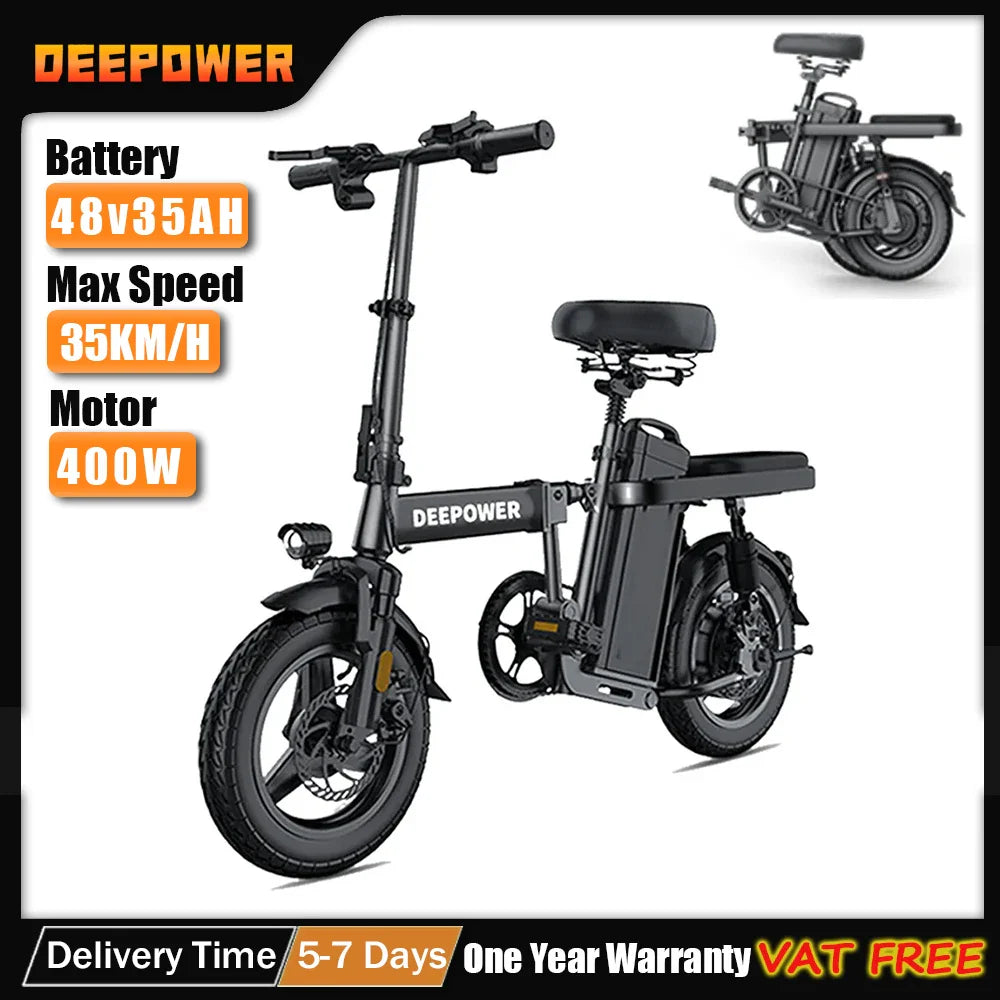 DEEPOWER 400W Mini Adults Electric Bike Bicycle 48V 35AH 14 Inch Fat Tire Folding Electric E Bikes Mountain EBS Brake Ebike