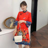 Ins Red Blue Loose 2021 New Fashion Modern Chinese Cheongsam A-line Dress Women 3/4 Sleeve Qipao Traditional Chinese Clothes