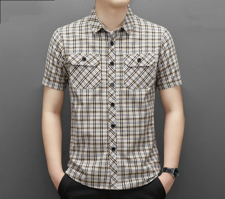 Summer Cotton Men's New in Shirt Slim Fit Plaid Striped Short Sleeve Button Pocket Polo Lapel Casual Fashion Vintage Tops