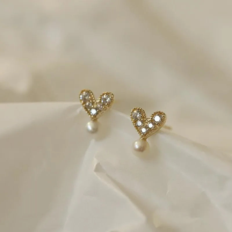 925 Sterling Silver 14k Gold Plated Stud Earrings Mock Pearl Zircon Heart Earrings for Women Elegant Temperament Jewelry