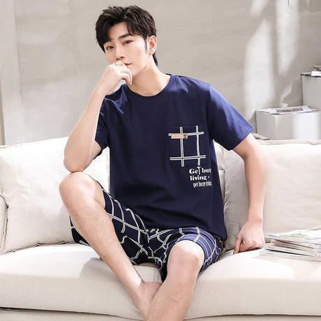 Cartoon Mens Nightwear Summer Comfortable Sleepwear Sleeping Tops Shorts 2 Pieces Pijamas Set Man Leisure Homewear Male Dropship