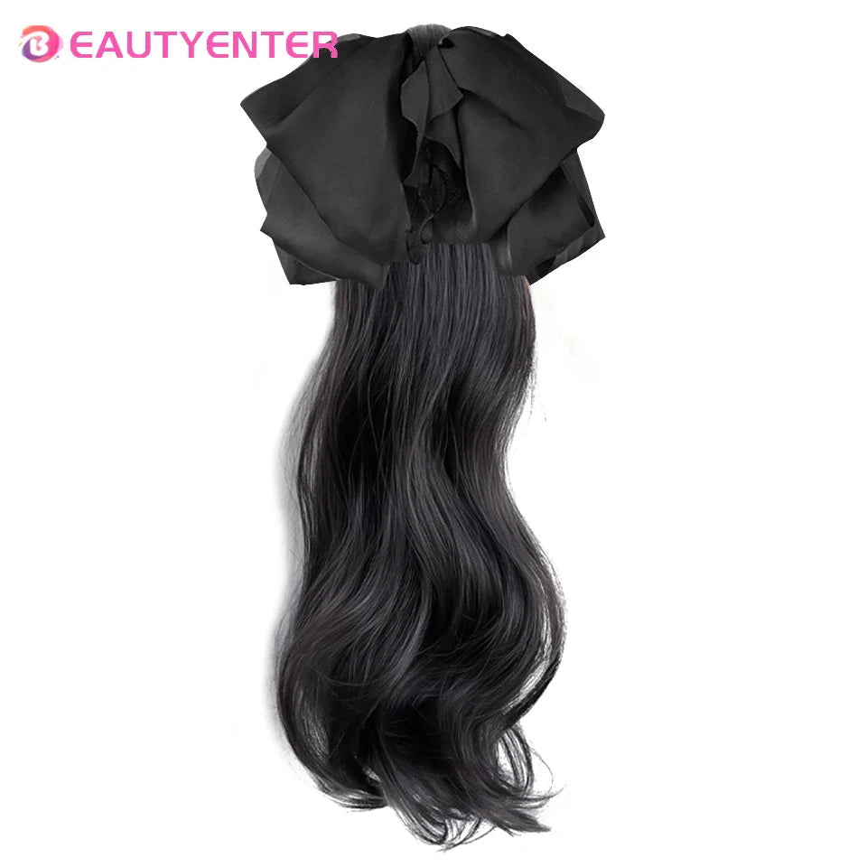 BEAUTYENTER Synthetic Straight Long Wig Hair Ponytail Grab clip Bow Pony Tail For Woman Fake Hairpiece For Black Women