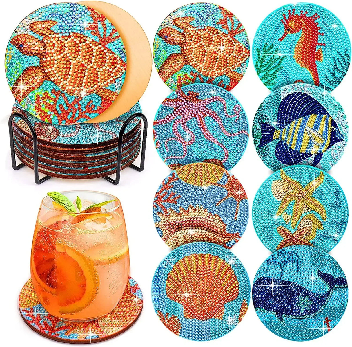 8Pcs DIY Diamonds Painting Coaster Animal Flower Non-slip Anime Art Mosaic Cup Cushion with Rack Rhinestones Paintings Decor