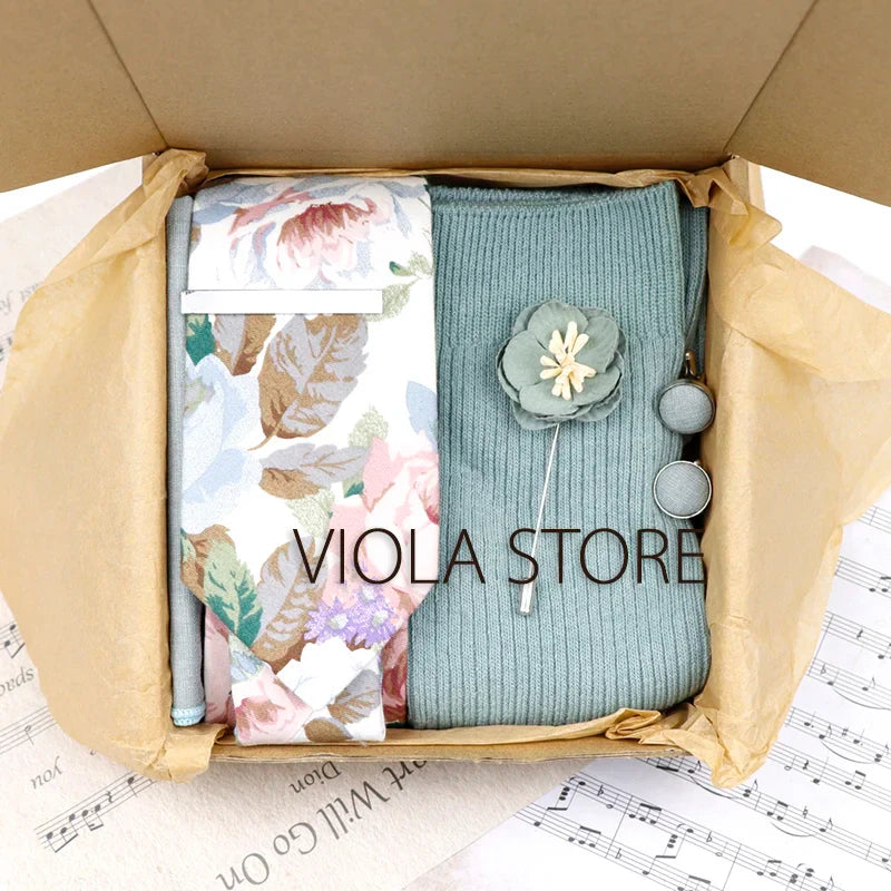 Viola Design 6PCS Gift Box Floral Solid Cotton Sock Tie Sets Clip Pin Cufflinks Hankie Men Wedding Party Daily Cravat Accessory