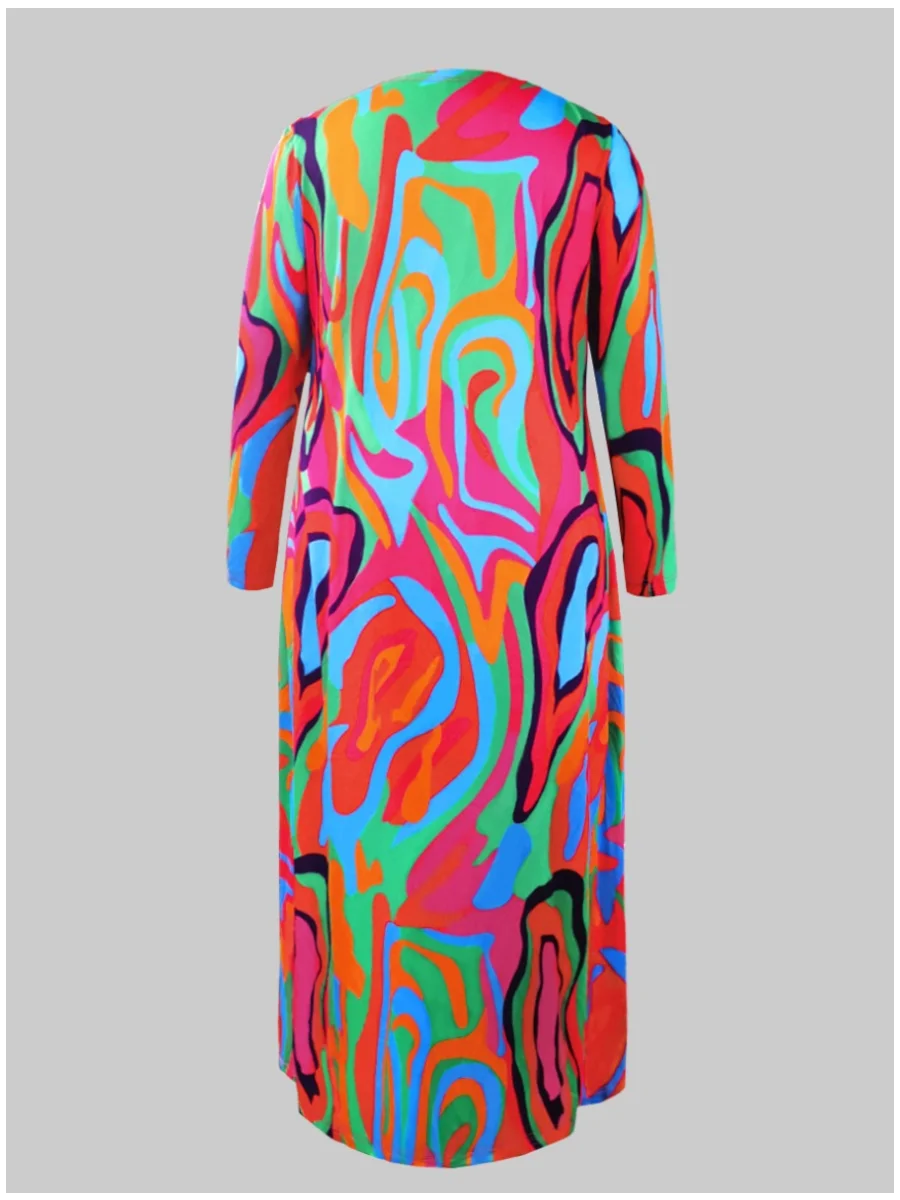 LW Plus Size Women Casual Long Sleeve Multi Colour Off The Shoulder Mixed Print 2 Pieces Of Dress (With Outerwear)