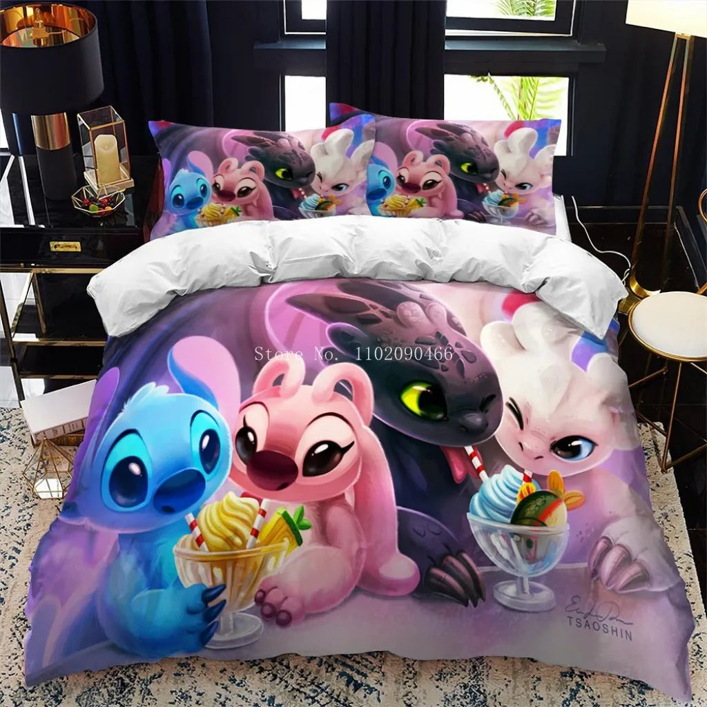 3D Cartoon Bedding Set Disney Lilo & Stitch Queen King Quilt Comforter Duvet Cover Set Children Kids Boys Bedroom Home Textile