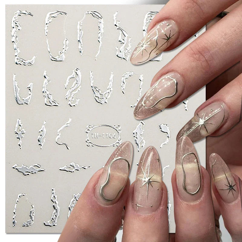 3D Silver Frame Nail Sticker Silver Bronzing Stripe Lines Sliders For Nails Tribal Pattern Decals Marble Blooming Nail Tattoos