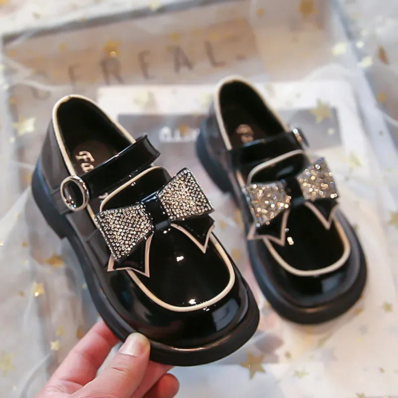 Children‘s Leather Shoes for Toddlers Girls Party Flats Kids Loafers 2024 New Fashion Shiny Bowknot Princess Shoes Size 26-33