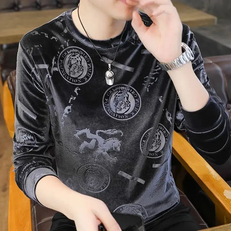 Autumn Winter New Round Neck Jacquard Casual Sweatshirt Male Solid Color Tee Top Homme Loose Fashion All-match Velvet Pullovers