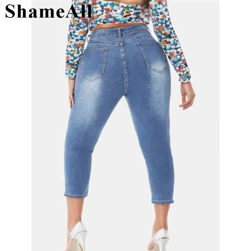 Women's Plus Size Casual Jeans With Pockets,  Button Up Split Hem Skinny Capri Jeans