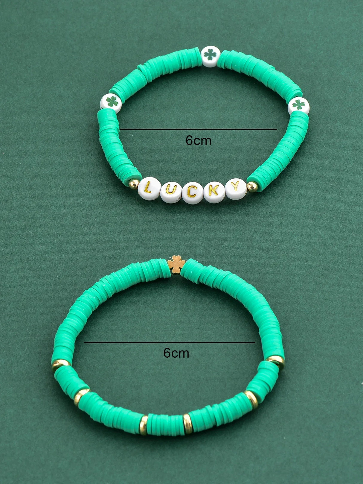 2 pieces of fashionable St. Patrick’s Day soft clay rice beads acrylic four-leaf clover lucky element trend bracelet