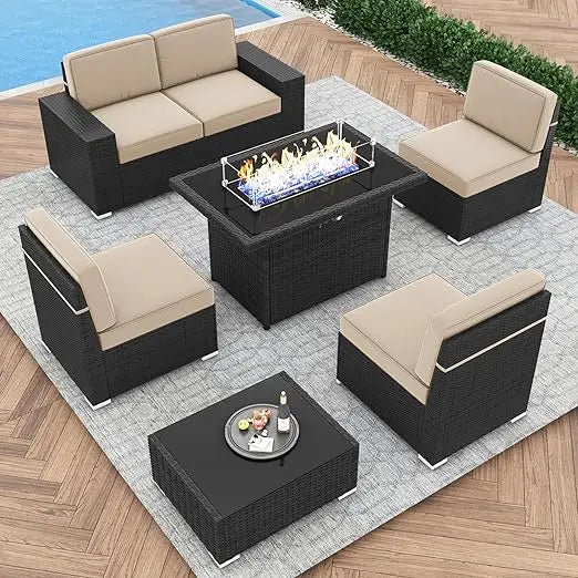 7/8 Pieces Outdoor Patio Furniture Set with  Fire Pit Table Rattan Sectional Sofa Conversation Sets Moden Set for Garden