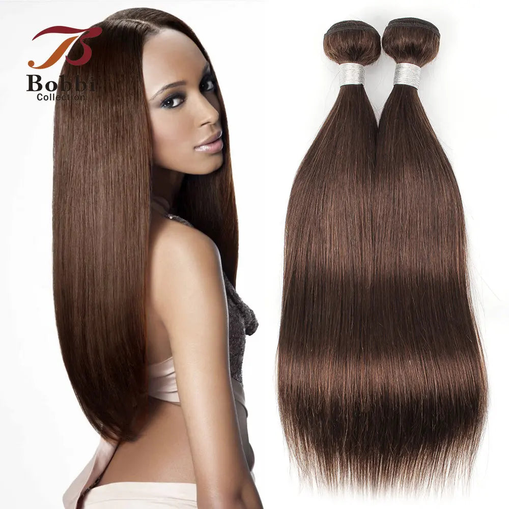 Brown Straight Human Hair 2/3 Bundles with 4x4 Lace Closure Remy Human Hair Weave 12-24 inch BOBBI COLLECTION