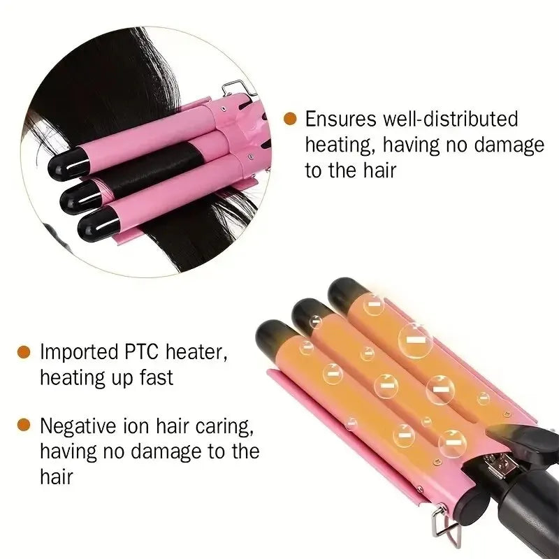 Pink 3 Barrel Hair Crimpers, Professional Hair Curling Lron, CeramicTriple Barrel Hair Styler