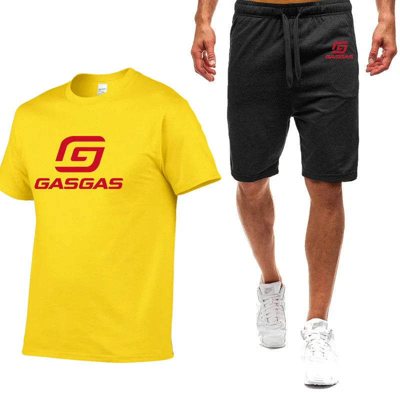 Motorcycles GasGas Summer Men's Sportswear Shorts Set Short Sleeve Breathable Grid T-Shirt Shorts Casualwear Basketball Training