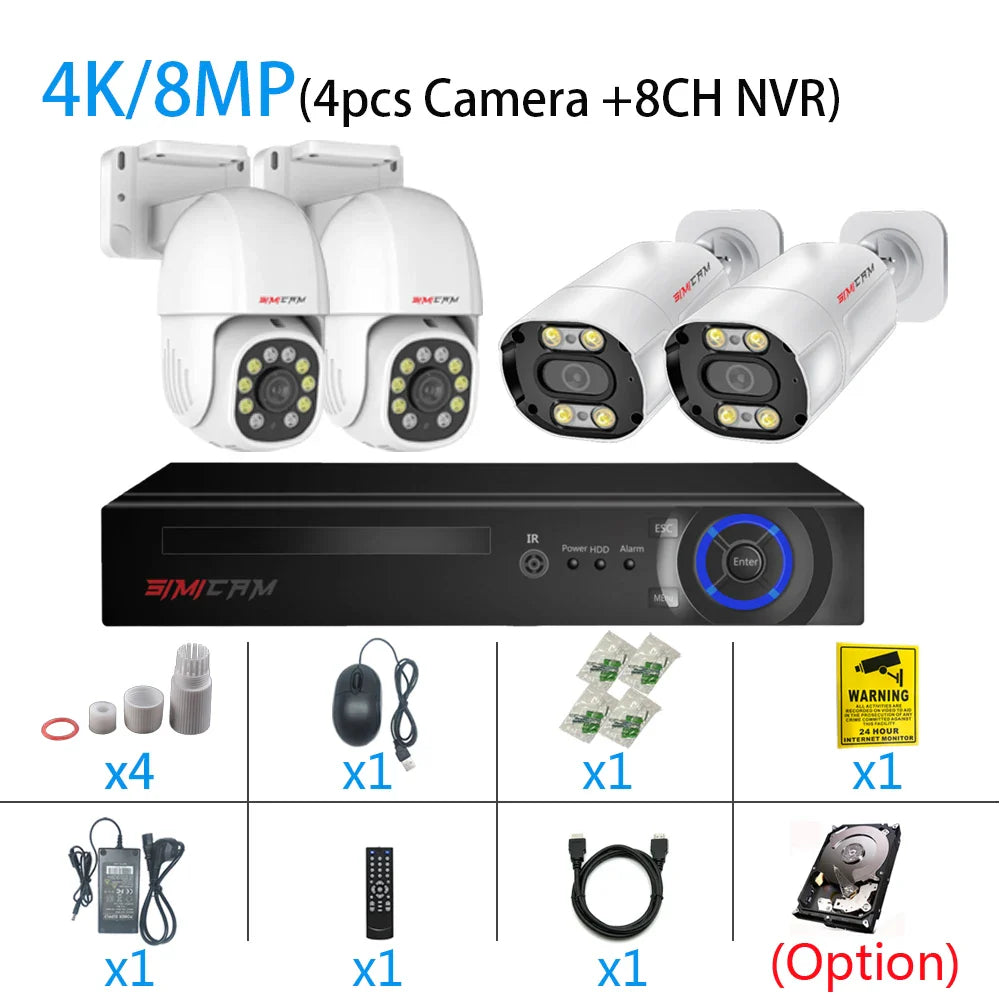 4K POE PTZ IP Camera Kit 8MP Bullet NVR Security System Color Night Vision 2 Way Audio Out Door Water Proof Video Surveillance