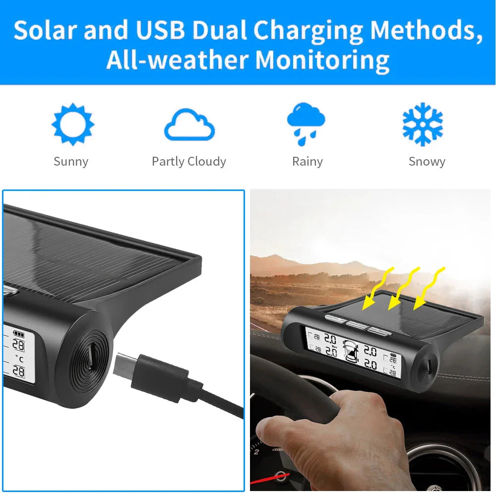 4 External Sensors Car Solar Power TPMS Tire Pressure Alarm Digital Display Auto Tester Warning Presssure Monitoring System