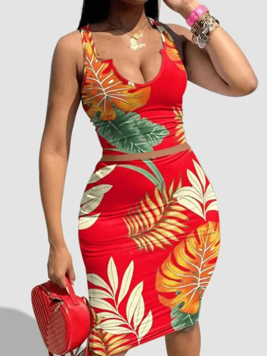 LW Plus Size Cami Floral Print Skirt Set 2024 New IN Sleeveless Notch Neck Tank& Wrapped Skirt Two-Pieces Vacation Style Set