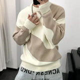 Knitted Sweaters for Men Black Spliced Pullovers Man Clothes No Hoodie Crewneck Round Collar A Over Fit Knit Spring Autumn Warm