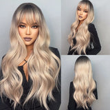 HAIRCUBE Long Ombre Brown Black Light Blonde Synthetic Wigs with Bangs Heat Resistant Straight Wigs for Women Natural