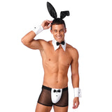 Mens Waiter Tuxedo Lingerie Sexy Cosplay Costume Role Play Uniform See Through Briefs Underwear with Bunny Ears Headband Collar