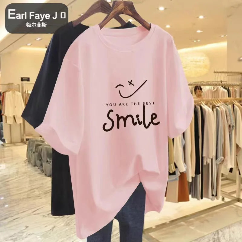 2023 Summer Plus Size Cotton T-Shirt Ladies Soft O-Neck Letter Print T-Shirt Oversized Short Sleeve T-Shirt Free Shipping