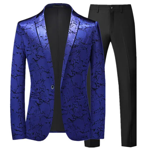 Fashion Brand Men's Jacquard Suit Classic Black / White / Blue Business Wedding Banquet Party Dress Men Blazers and Pants