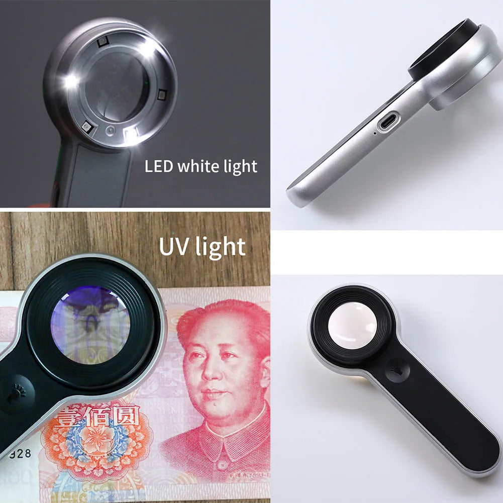 60X Magnifier with UV Light Handheld Illuminated Magnifying Glass USB Rechargeable for Seniors Reading Jewelry money Inspection