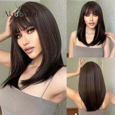 ALAN EATON Chestnut Brown Wavy Synthetic Wigs with Bangs Long Curly Brown Wig for White Women Naturally Hairline Heat Resistant