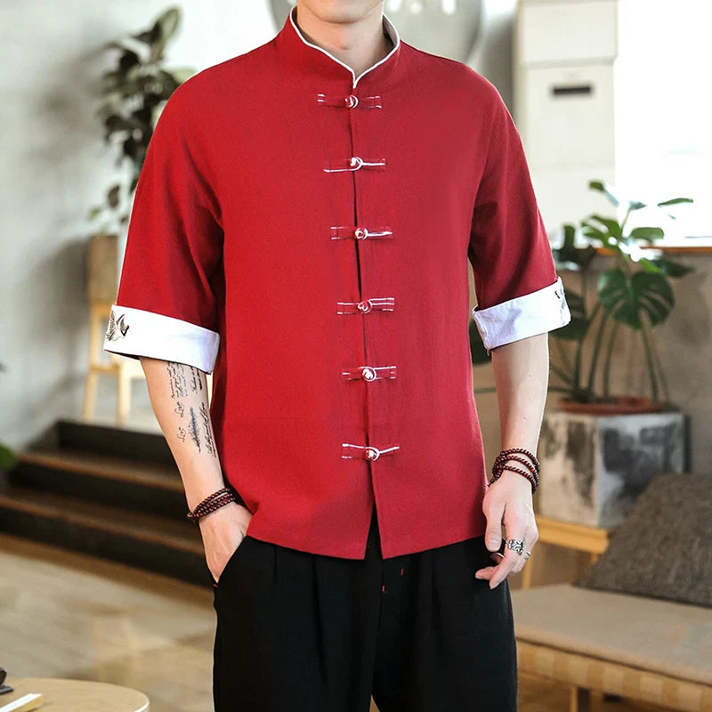 2024 Summer Crane Embroidery Top Traditional Chinese Style Mens Vintage Half Sleeve Linen Shirts Madarin Collar Kungfu Shirt