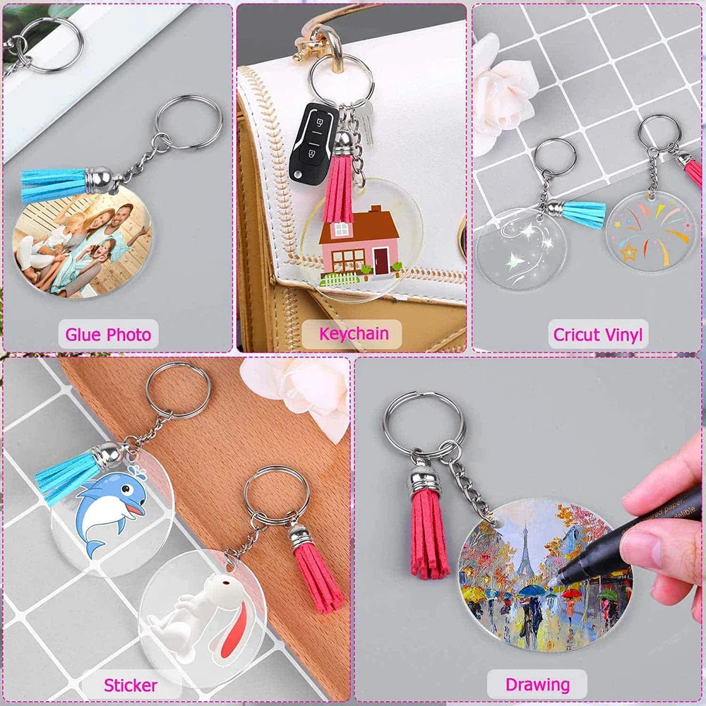 200Pcs Acrylic Keychain Blanks with Rings Clear Key Chains Round Clear Discs Circles Colorful Tassel DIY Crafting Vinyl Projects