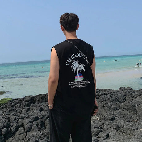 Print Vest Men Summer Casual Beach Tank Top Korea Fashion Sleeveless Shirts Male Loose Undershirt 100% Cotton Tees Hip Hop Tops