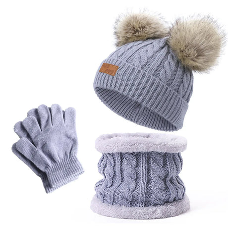 Baby Warm Winter Hats Scarf Gloves 3pcs Set Kids Toddler Bonnet Cute Pompom Knitted Hats Outdoor Warm Infant Accessories 1-5Y