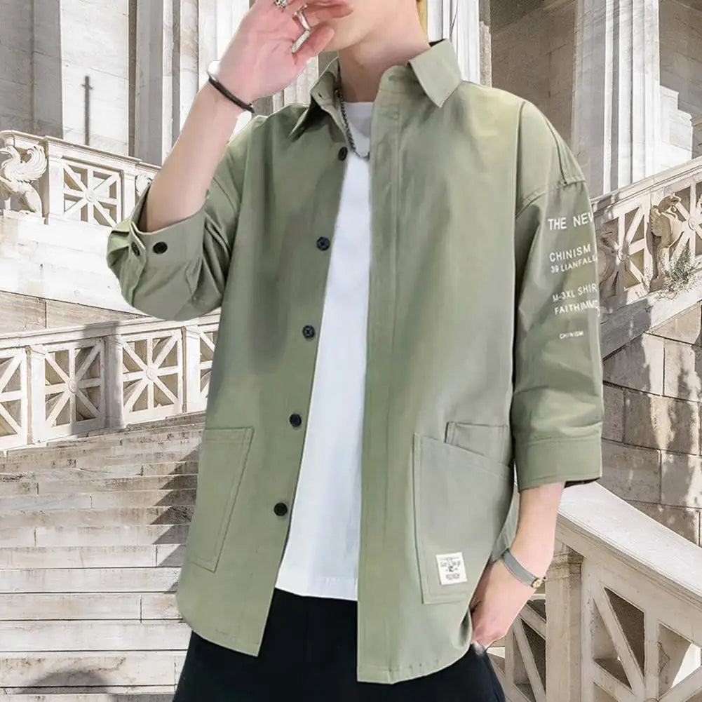 Men Three-quarter Sleeve Shirt Japanese Style Casual Jacket Men's Japanese Style Casual Cargo Shirt Coat with for Spring