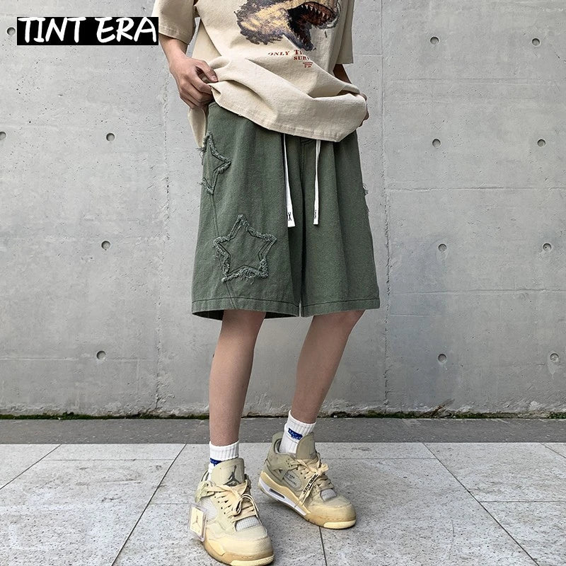 TINT ERA Y2K Mens Streetwear Breeches Star Korean Harajuku Pocket Denim Hip Hop Cargo Short Pants Grunge Bermudas Jeans Shorts