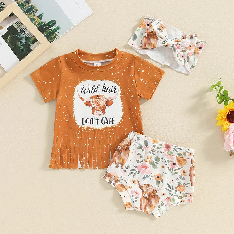 Toddler Baby Girl Western Outfit Wild Hair Don t Care Tassel T-shirt Cow Print Floral Bloomers Shorts Bow Headband