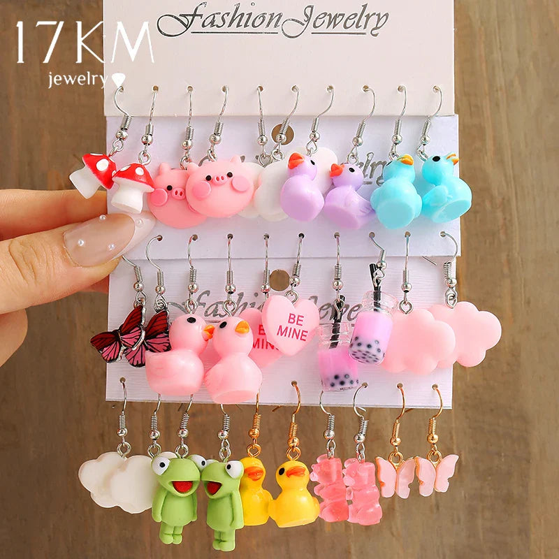 17KM Cartoon Frog Duck Earrings Set Animal Butterfly Cute Dangle Earrings for Women Geometric Bear Cloud Earring Trendy Jewelry