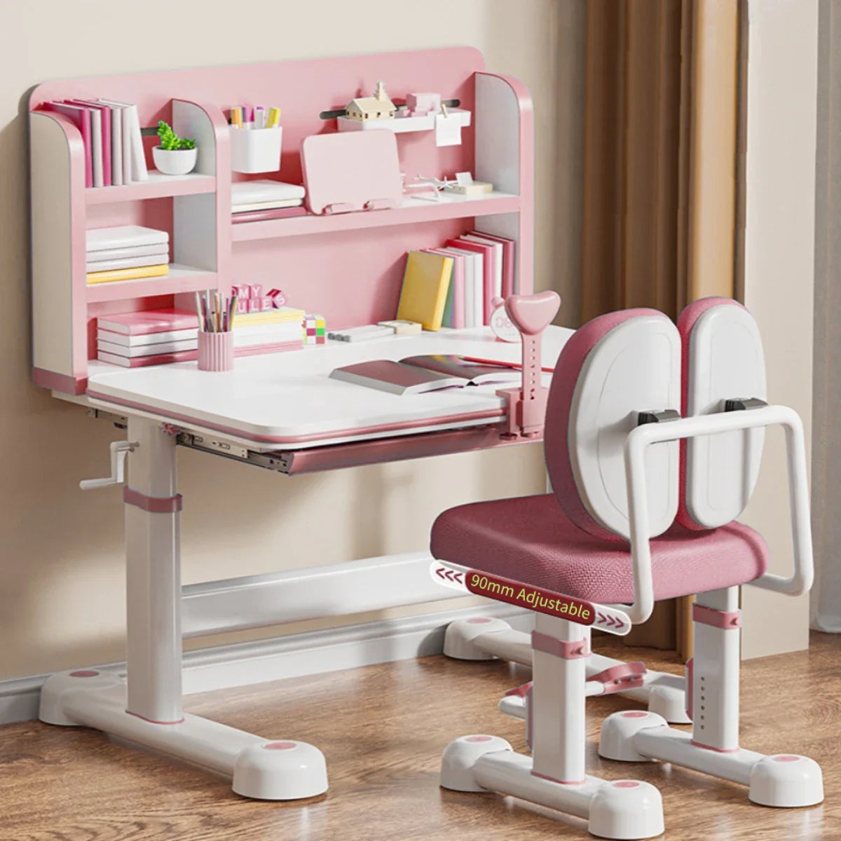 Kids Study Desk and Chair Set, Height Adjustable Ergonomic Children Writing Table with Tilt Desktop, Drawers, Lamp, Bookstand