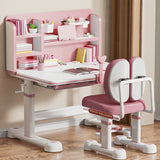Kids Study Desk and Chair Set, Height Adjustable Ergonomic Children Writing Table with Tilt Desktop, Drawers, Lamp, Bookstand