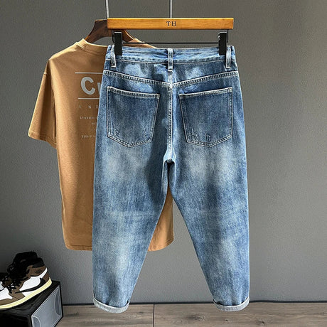 Hip Hop Jeans Men Frayed Slim Little Feet Streetwear Blue Ankle Length Denim Trousers Male Casual Fashion Retro Cropped Pants