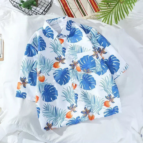 2022 Summer Hawaiian beach seaside flower Shirt for Men Vintage Button Up Thin Half Short Sleeve Shirts Korean Fashion Clothes