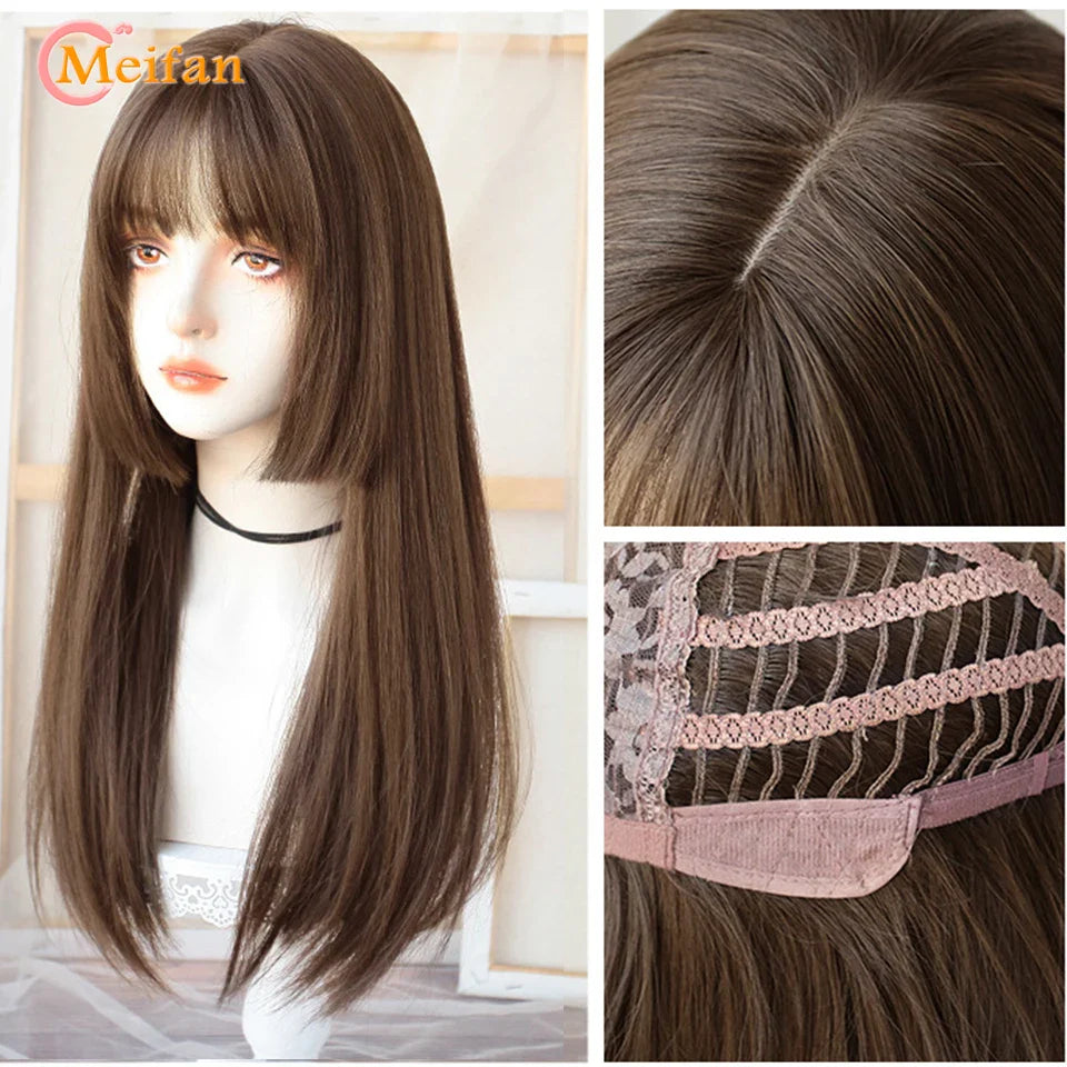 MEIFAN Synthetic Long Straight Lolita Wig with Bangs Wig Girl Cute Mixed Black Red Blonde Cosplay Party Halloween Harajuku Wig