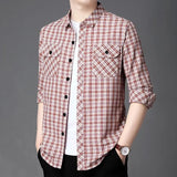 2023 Spring and Autumn Men's New Fashion with True Pocket Polo Collar Long Sleeve Shirt Plaid Business Casual Versatile Top