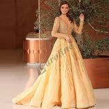 Caroline Light Yellow Beading Sequins Evening Gowns For Women Long Sleeve A-line Prom Gowns Party Custom Made Robes De Soirée