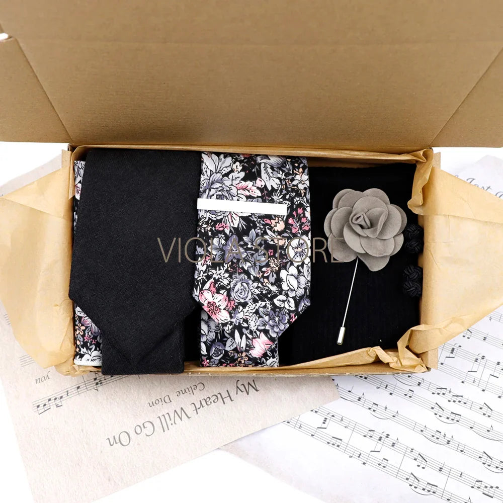 Viola Design Gift Box Hot Solid Floral Cotton Sock Necktie Set Clip Cufflinks Pin Hanky Men Wedding Party Daily Cravat Accessory