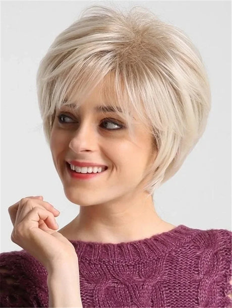 Women's Fashion Short Synthetic Wigs Pixie Cut Blonde Ombre Hair Costume Party Wigs for Woman Fluffy Natural Curly Wavy Wig