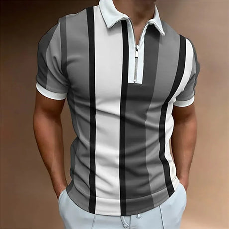 Men's Solid Color Striped Polo Shirt Short Sleeve Golf Turn-down Collar Zipper Polo Shirt&for Men Casual Streetwear Summer Tops