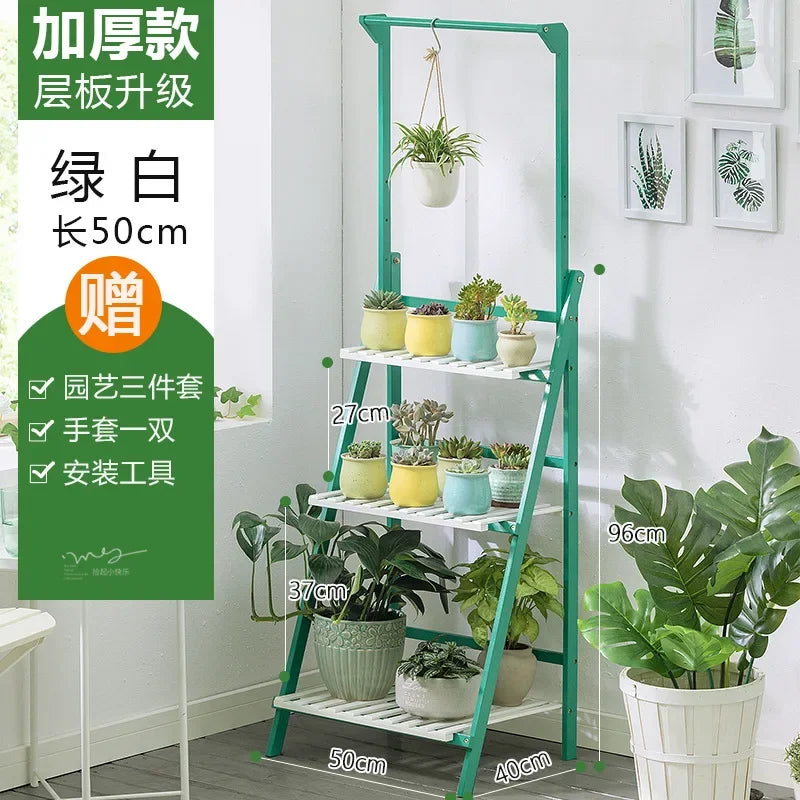 Plant Stand Storage Shelf 3-Tier Hanging Stand for Flowers Folding Organizer Display Storage Rack Adjustable Hanger Rod Bamboo